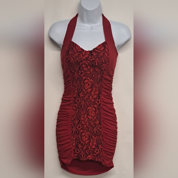 Solar Red Bodycon Stretch Ruched Dress Tie Around Neck Lace Embroidery S - Picture 1 of 5